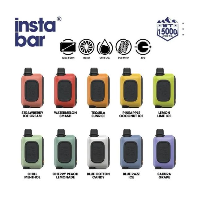 instaBar WT15000 Recharge Vape blue razz ice cherry peach lemonade lemon lime ice tequila sunrise
