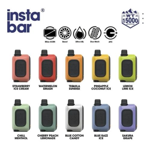 instaBar WT15000 Recharge Vape blue razz ice cherry peach lemonade lemon lime ice tequila sunrise